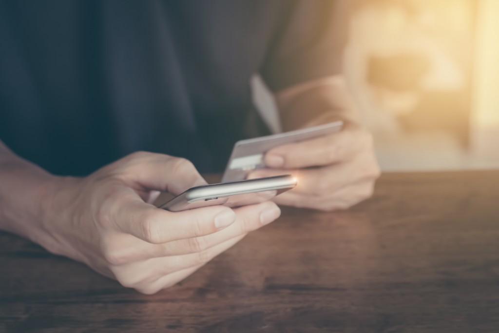 person holding a smartphone and credit card