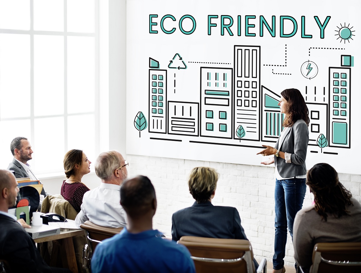 business meeting talking about eco-friendly business operations